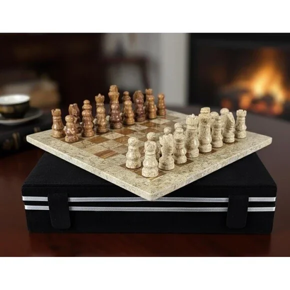 Handmade Marble Chess Set Brown chess Board & Pieces storage box Christmas gift - Picture 1 of 16